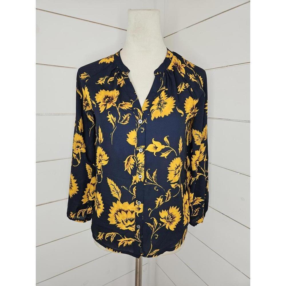 J Crew XXS navy blue with yellow flowers collarless blouse